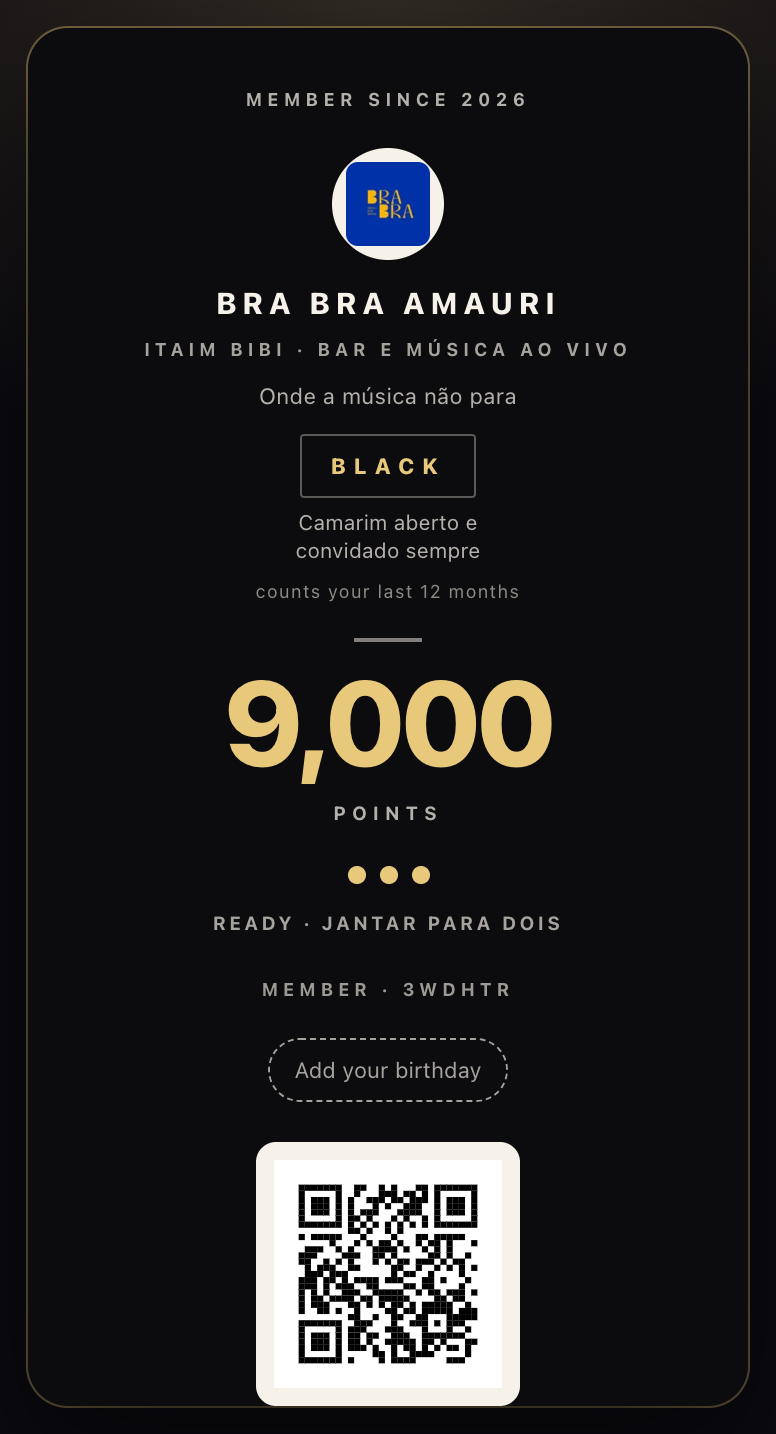 The same venue's card at the top tier: black card, gold type, 9000 points