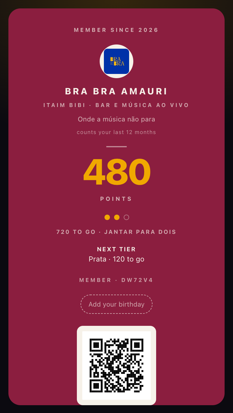 The Bra Bra Amauri member card as it renders on a phone: 480 points, next reward and tier, member code and QR